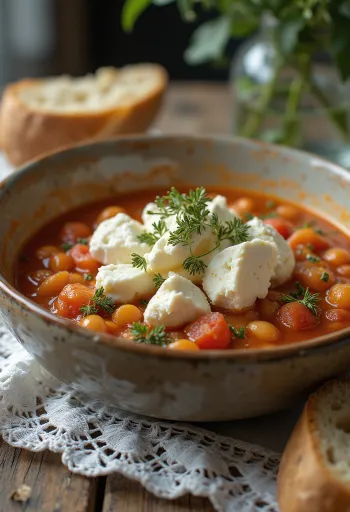 Zuppa di fagioli Fasolada con cubetti di feta bianca in superficie