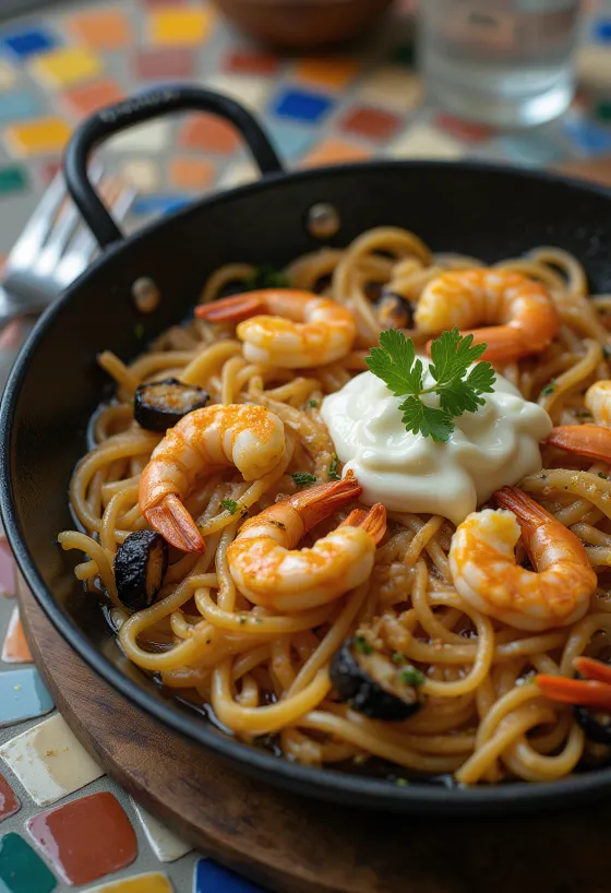 Fideuà con allioli servita con frutti di mare e allioli