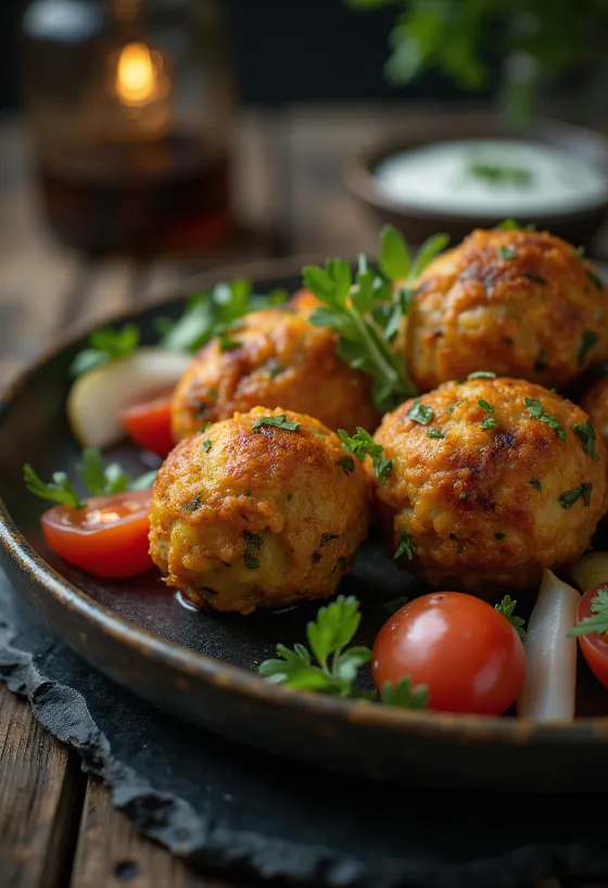 Kofta alle verdure, appena servite, con prezzemolo e salsa allo yogurt