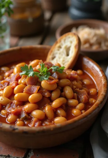 Fagioli al pomodoro cosparsi di prezzemolo fresco, serviti in piatto fondo.