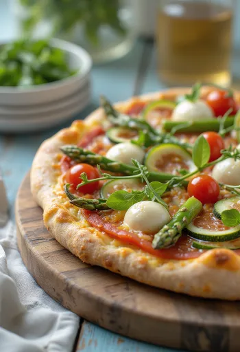 Pizza primaverile alle verdure con mozzarella e basilico