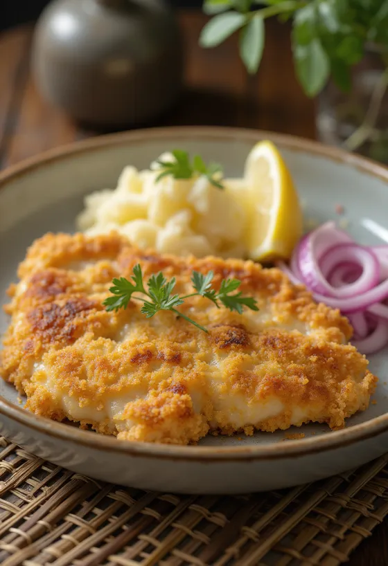 Schnitzel di maiale con insalata di patate servito su un piatto.