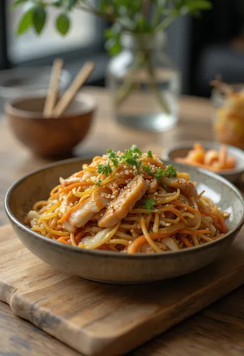 Yakisoba con pollo, noodles saltati al wok giapponesi con verdure croccanti