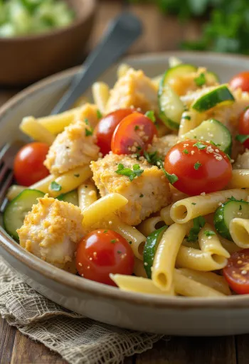 Insalata di pasta con pollo servita con verdure fresche