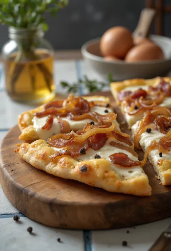 Flammkuchen con panna acida, cipolla e pancetta