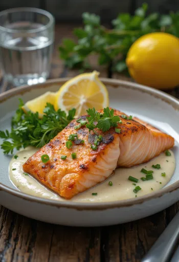 Salmone alla griglia con salsa all'aneto servito