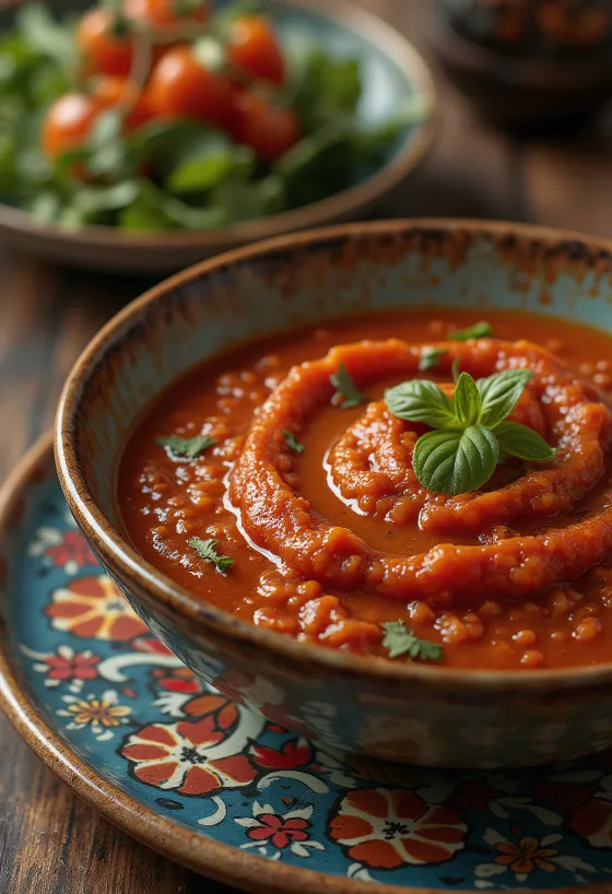 Salsa di pomodoro al pimentón servita con patate fritte