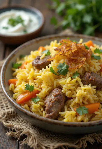 Biryani di agnello con verdure, riso speziato ricco e agnello tenero