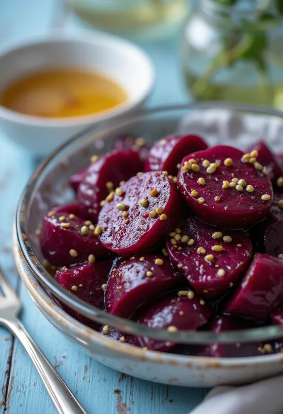 Insalata di barbabietola servita con verdure fresche e condimento all'aceto balsamico