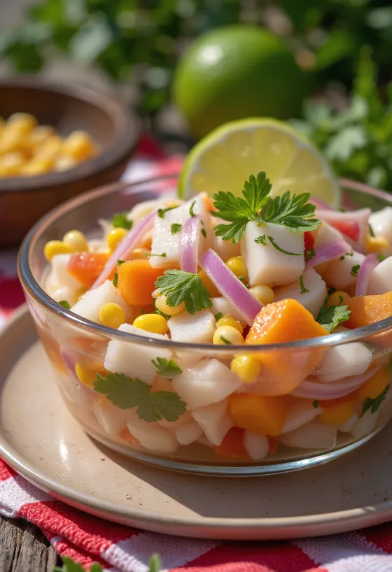 Ceviche Cileno servito con succo di lime e avocado