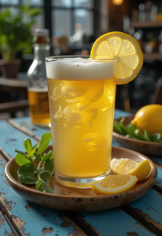 Birra al limone servita con fetta di limone e ghiaccio