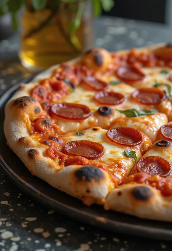 Pizza con scamorza affumicata e pepperoni appena sfornata