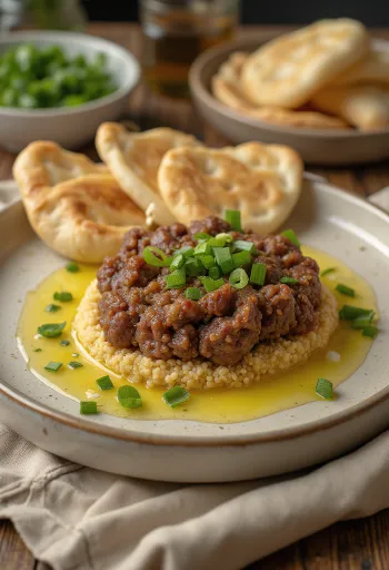 Kibbeh Nayyeh servito con pane pita fresco e chicchi di melograno