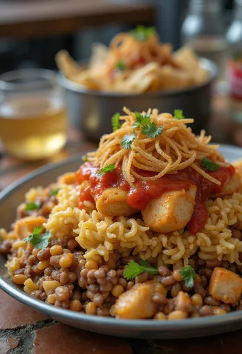 Koshari con pollo, piatto egiziano di riso, lenticchie, maccheroni e pollo, in ricca salsa di pomodoro