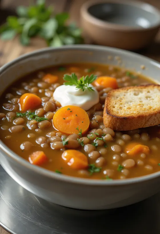 Zuppa di lenticchie tradizionale insaporita con carote e patate e alloro, pronta da servire.