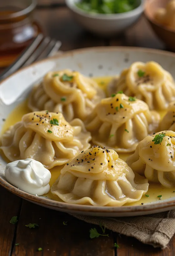 Pelmeni russi con manzo serviti con panna acida