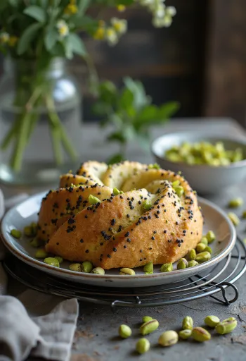Torta al papavero e pistacchio servita