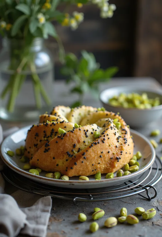 Torta al papavero e pistacchio servita