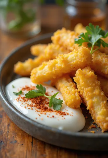 Yuca frita, bastoncini fritti croccanti, serviti con salsa al latte di cocco e coriandolo