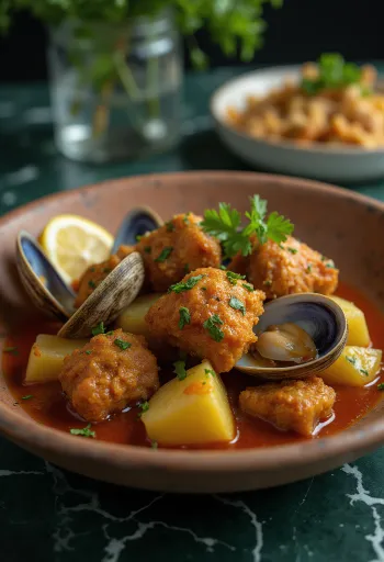 Carne de porco à Alentejana piatto portoghese servito