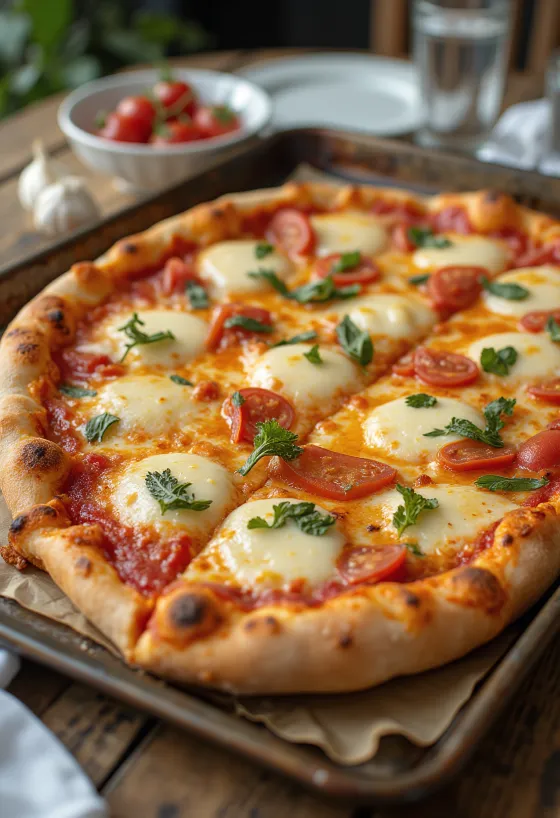 Grandma pizza con impasto rettangolare e formaggio