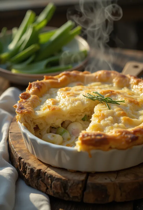 Pie di coniglio e porri servito in un piatto rustico con pasta sfoglia dorata.