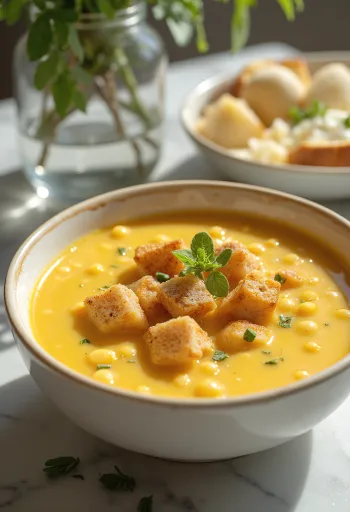 Zuppa di piselli gialli spezzati servita con salsiccia affumicata e prezzemolo fresco