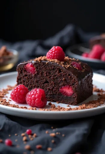 Torta vegana cioccolato e lamponi decorata con lamponi freschi e cioccolato grattugiato
