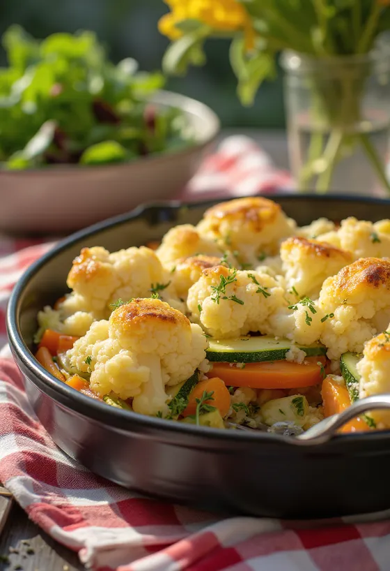 Sformato di cavolfiore e verdure al forno, con superficie croccante