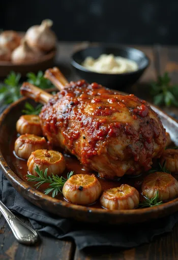 Agnello arrosto con Ajvar servito con prezzemolo fresco e patate al forno