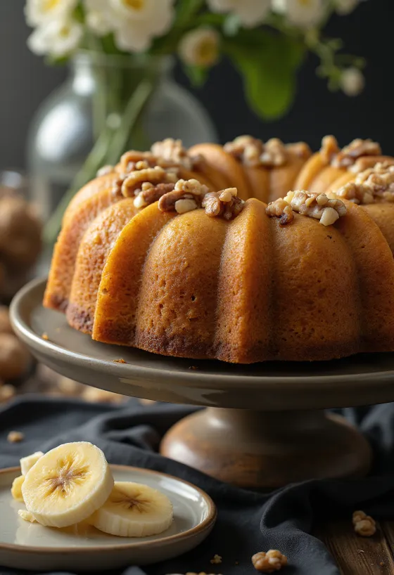 Ciambellone banane e noci servito