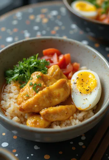 Oyakodon al curry con verdure nel piatto, con uovo e verdure