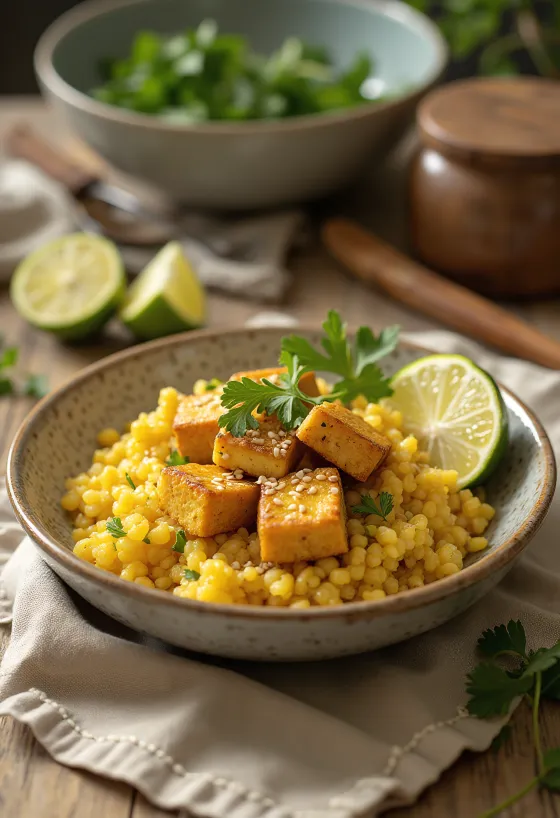 Curry di quinoa all'aglio con tofu al lime