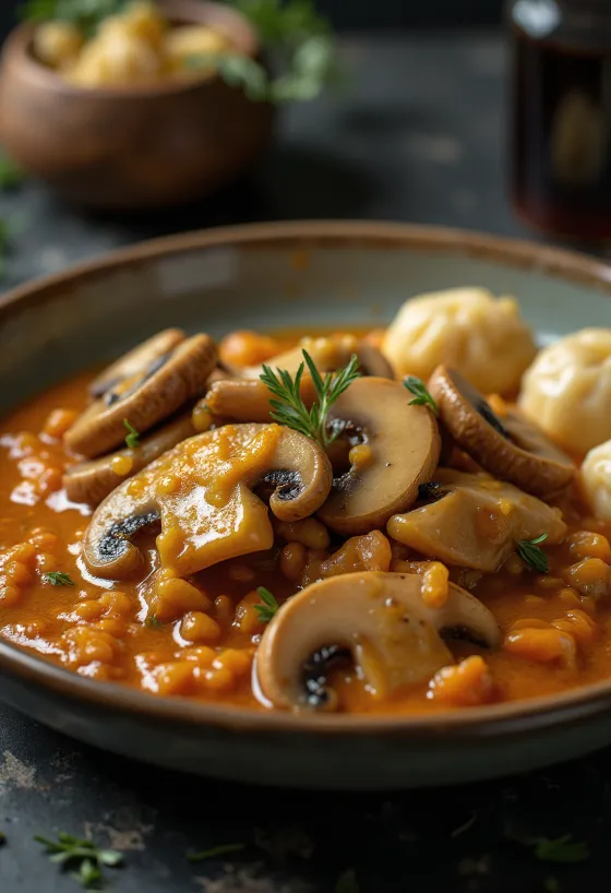 Paprikash di funghi cremoso servito con prezzemolo fresco e gnocchetti