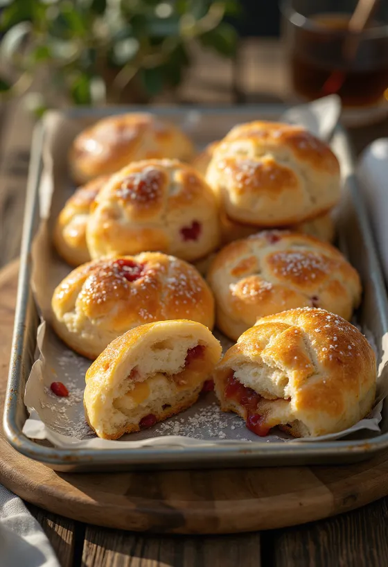 Soffici panini dolci alla marmellata spolverati di zucchero a velo, serviti su un vassoio.