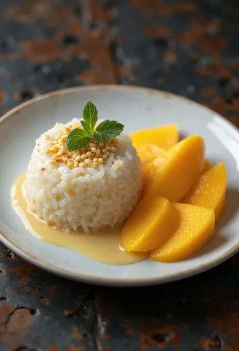 Riso glutinoso al mango servito