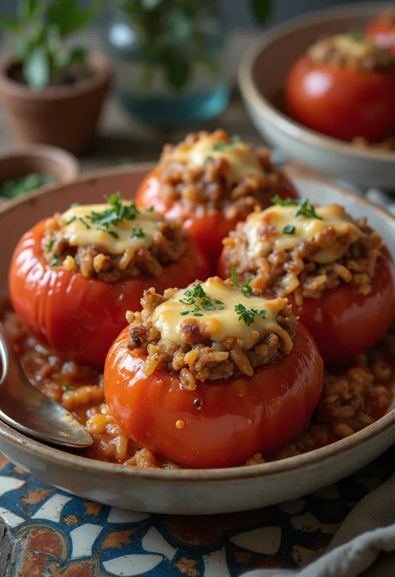 Pomodori ripieni cosparsi di erbe fresche e formaggio