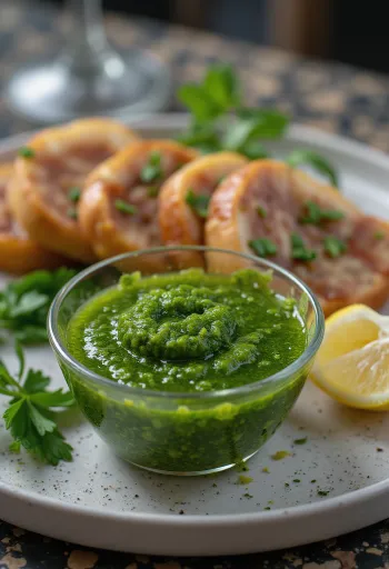 Salsa chimichurri servita con carni grigliate
