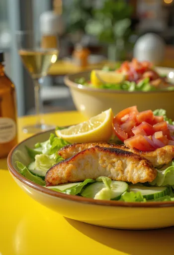 Insalata fresca di pollo con verdure croccanti e petto di pollo grigliato, condimento all'aceto balsamico.