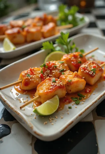 Satay agrodolce, spiedini di pollo grigliati con verdure fresche