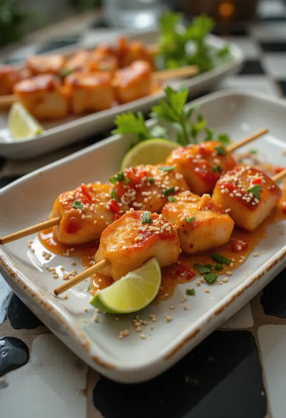 Satay agrodolce, spiedini di pollo grigliati con verdure fresche