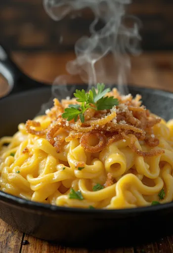 Käsespätzle, pasta al formaggio austriaca con speck affumicato e cipolla tostata