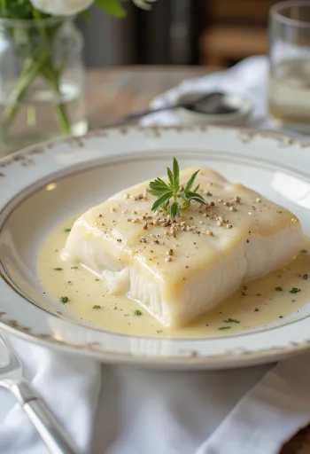 Lutefisk con salsa alla panna, servito con prezzemolo fresco