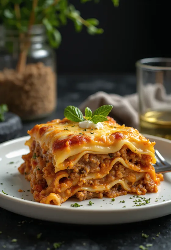 Lasagne italiane a strati con succoso ragù di carne e cremosa besciamella