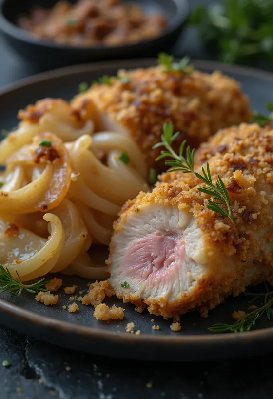 Petto d'anatra impanato servito con insalata di patate fresca
