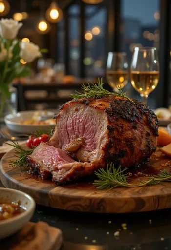 Cinghiale arrosto glassato al miele servito con verdure al forno.