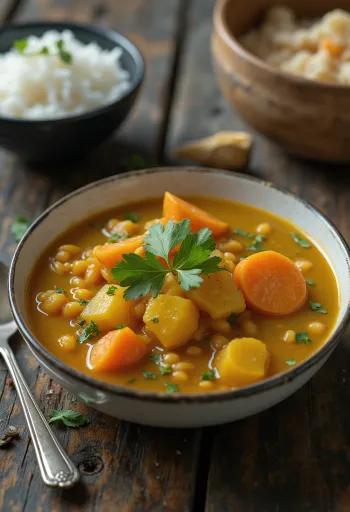 Sambar versione al cocco, decorato con coriandolo fresco