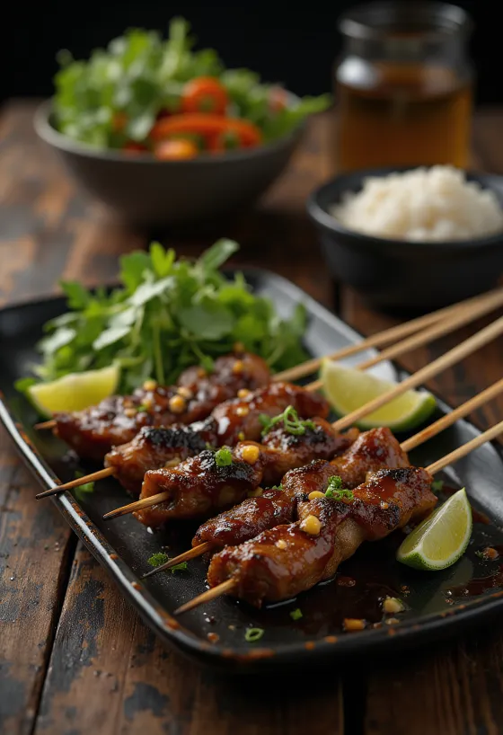 Sate Kambing con marinata all'aglio, carni appena grigliate su spiedini di legno