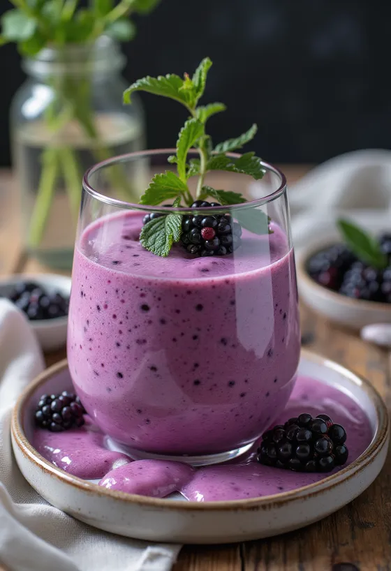 Smoothie more e menta in bicchiere, decorato con menta fresca e more