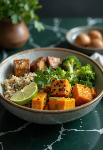 Buddha bowl con tofu e verdure servita con coriandolo